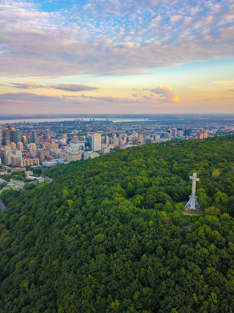 Aerial view of Mount Royal, the cross and downtown Montréal