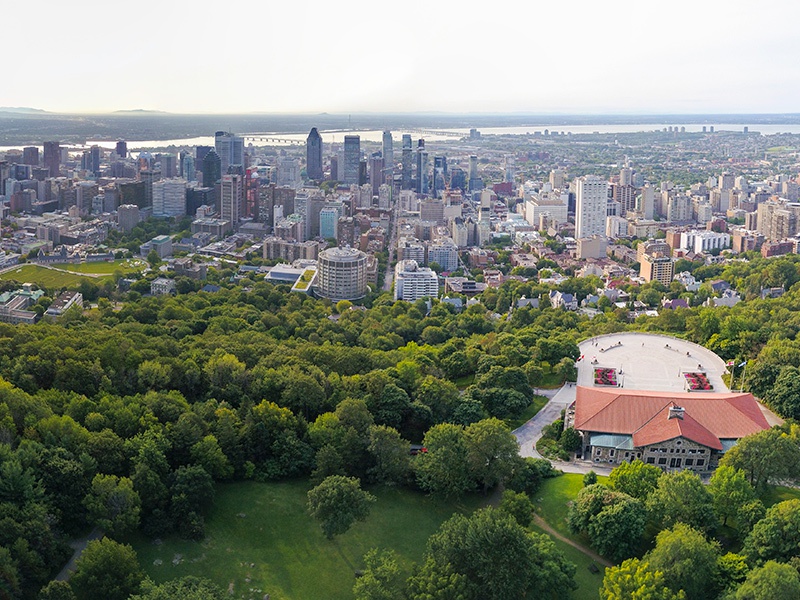 Aerial view of Mount Royal, Mount Royal Chalet and dowtown Montréal
